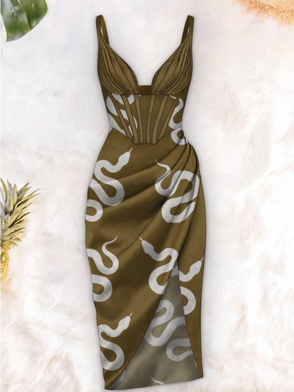 AVERIE corset corina snake printed sexy event dress green silky M - Picture 2 of 7